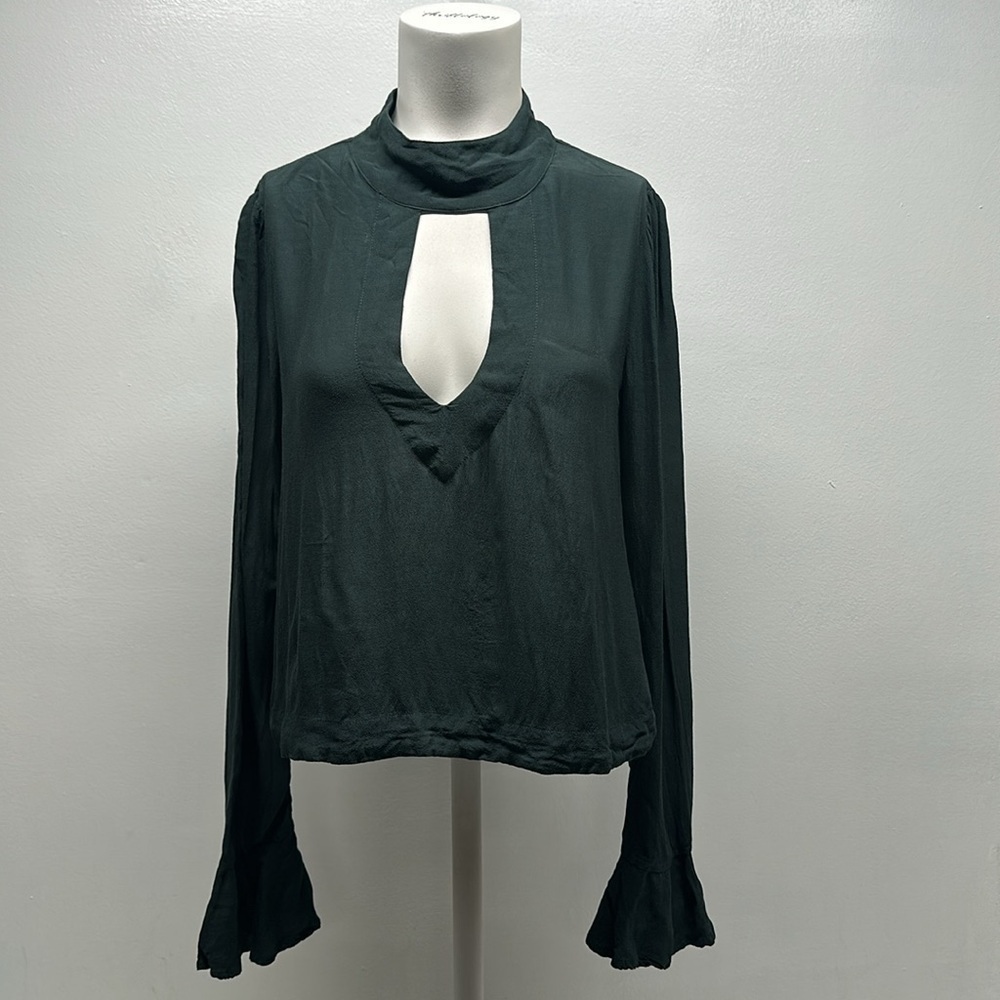 Free People Blouse Long Sleeve Keyhole Neck Crop Top Lightweight Green Size XS